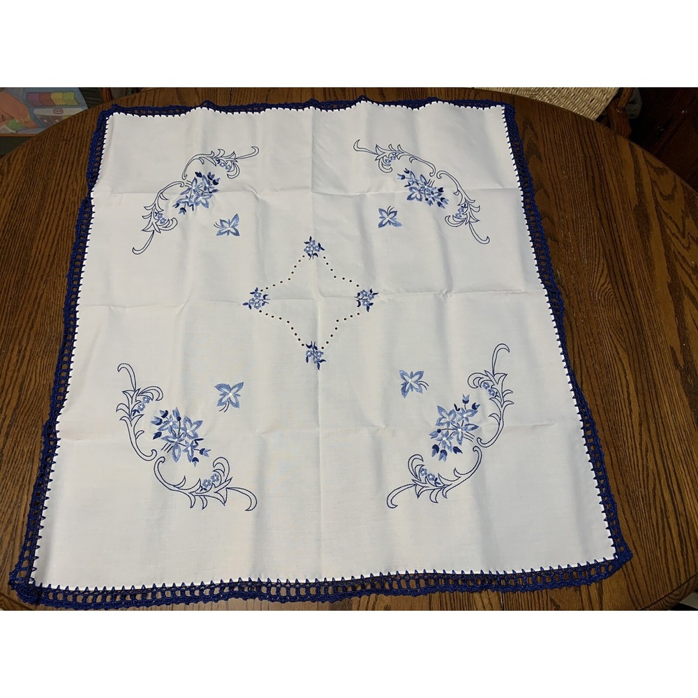 Tablecloth White Blue Handmade Embroidery Crochet